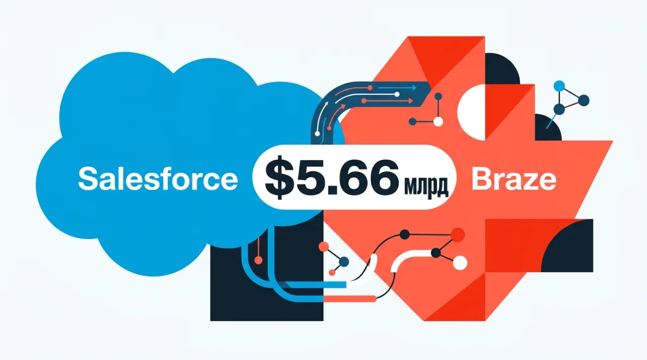 Иллюстрация покупки компании Braze корпорацией Salesforce за 5,66 млрд долларов для развития AI CRM