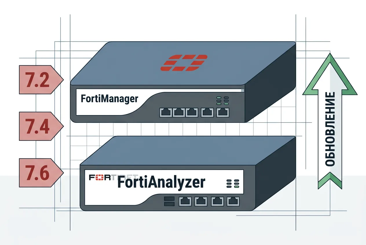 Инфографика уязвимых версий и процесса обновления FortiManager и FortiAnalyzer.