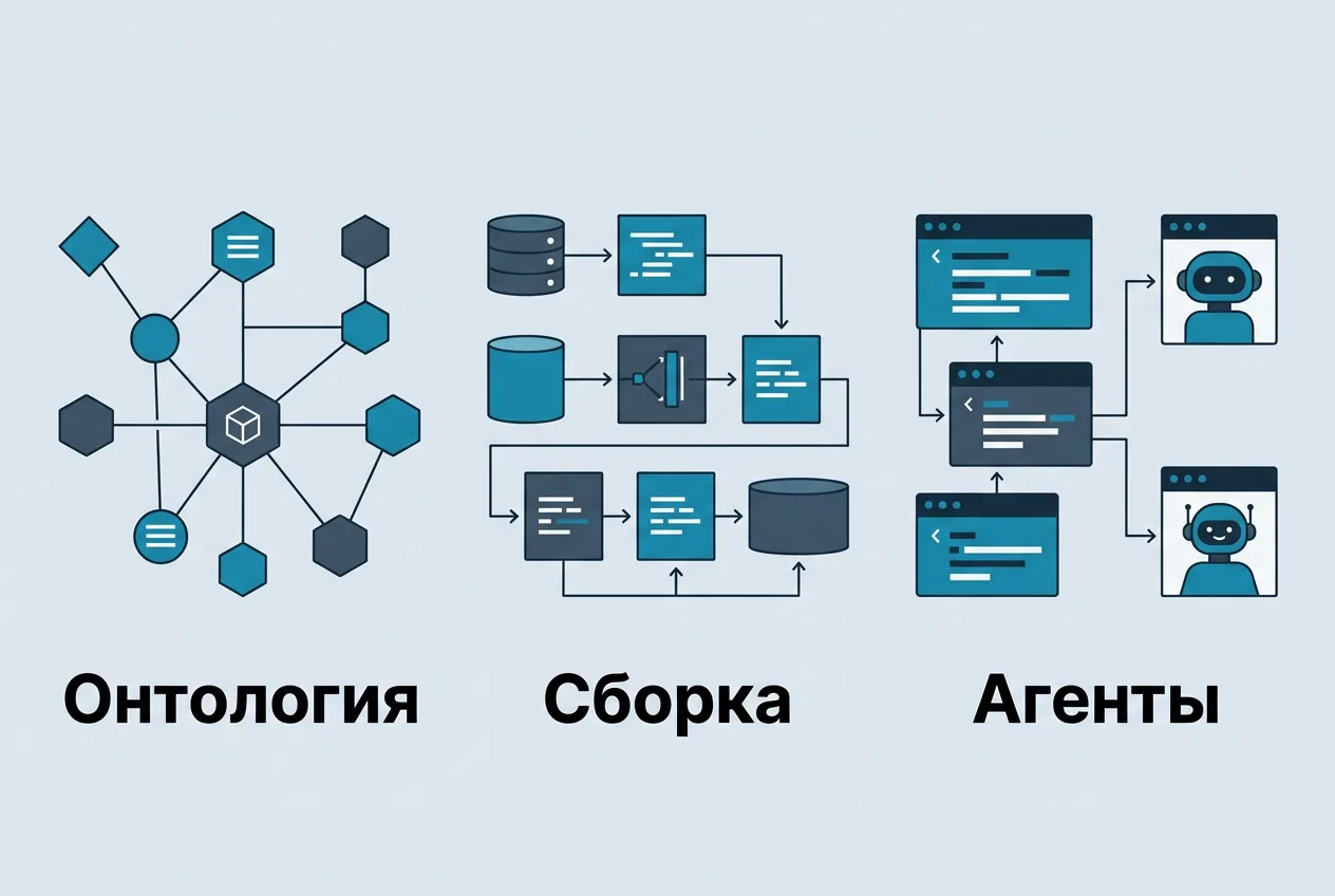 Инфографика трех ключевых компонентов Neo4j Context Engine: онтология, сборка и интерфейс агентов