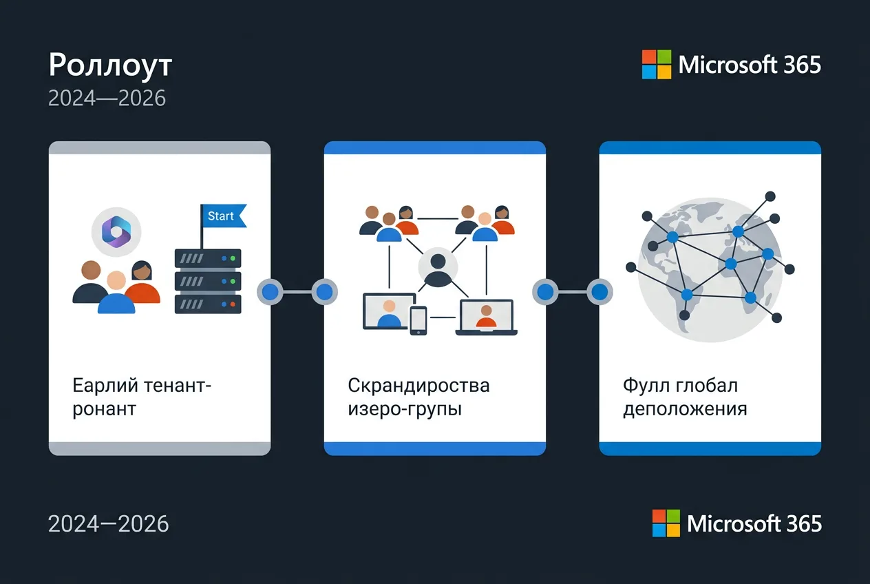 Инфографика поэтапного глобального развертывания All Accounts view в New Outlook