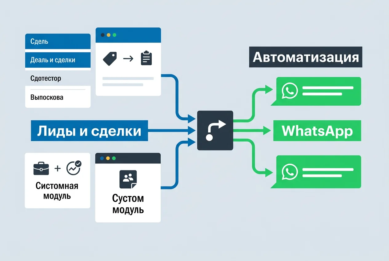 Инфографика автоматизации рассылок WhatsApp при смене статуса сделки в Zoho CRM.