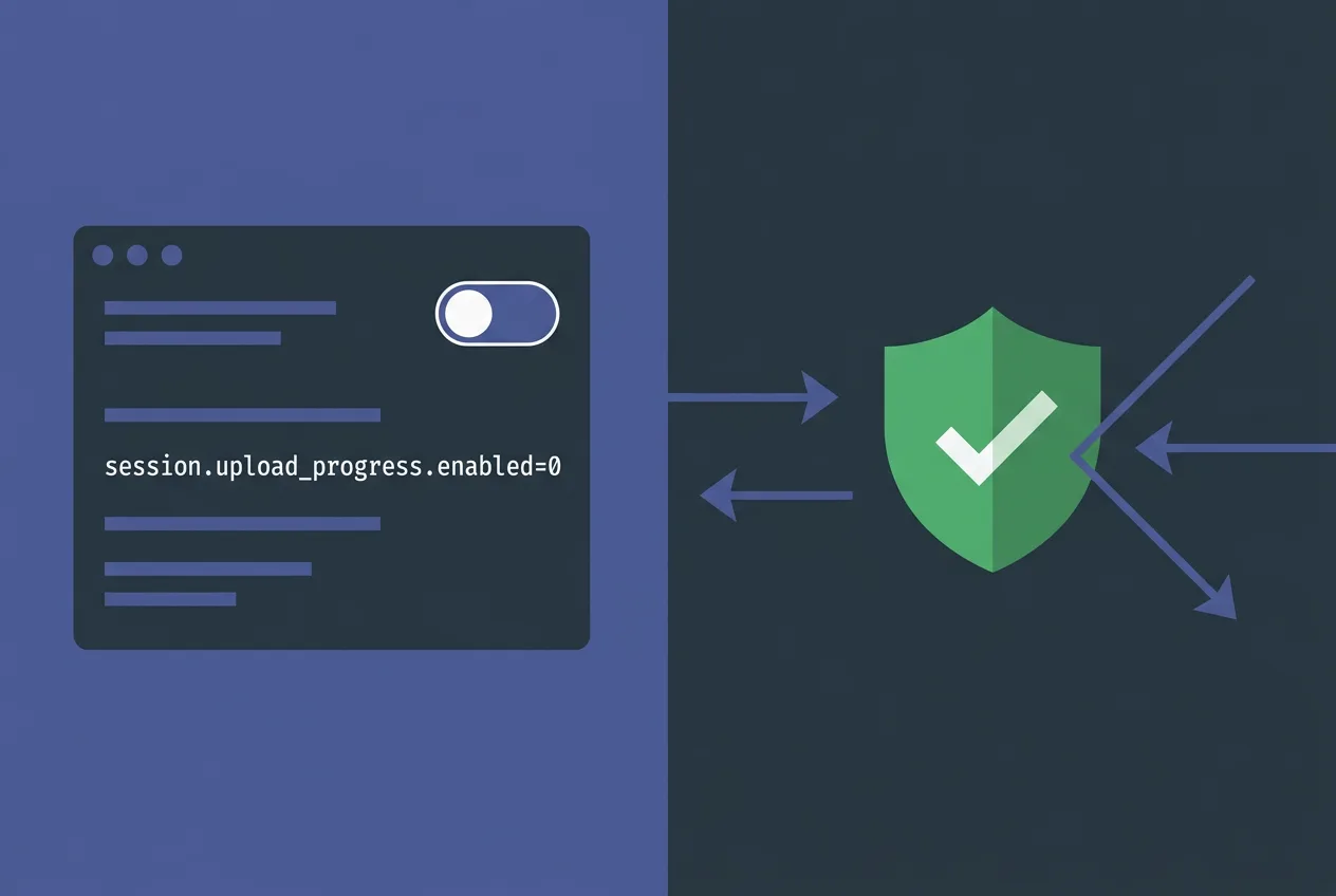 Схема отключения session.upload_progress.enabled=0 в конфигурации PHP для защиты от RCE