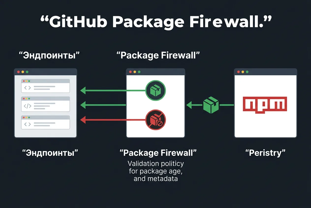 Инфографика работы GitHub Package Firewall между реестром npm и рабочими станциями.