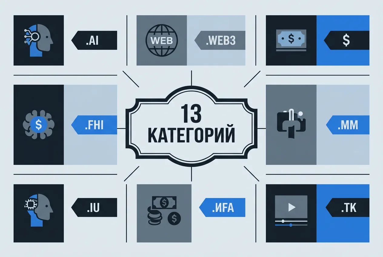 Инфографика 13 категорий новых доменных зон gTLD от Identity Digital