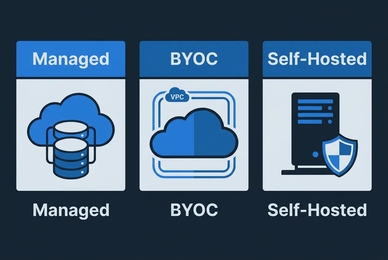 Инфографика трёх вариантов развёртывания pgEdge Starfleet: управляемый сервис, BYOC и self-hosted