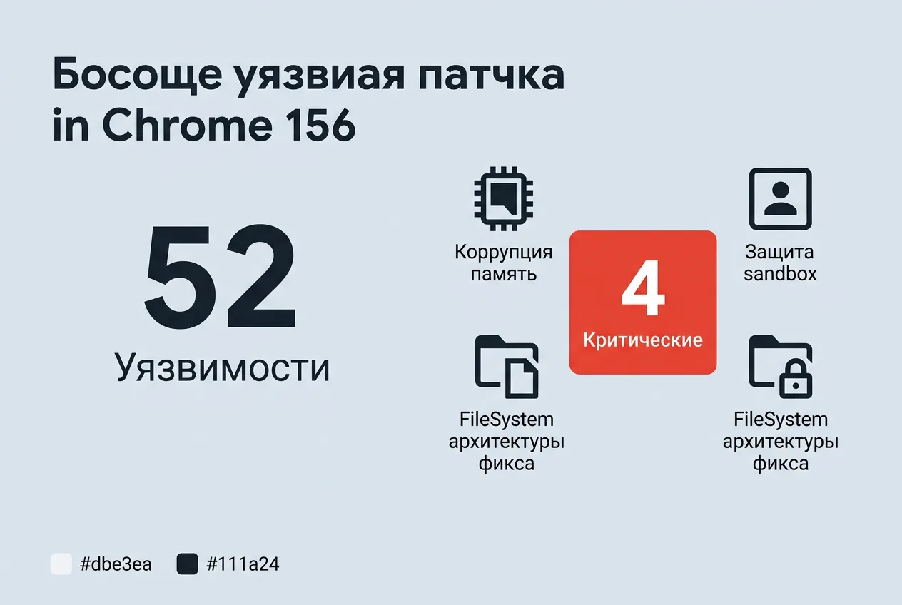 Инфографика уязвимостей в Google Chrome 156: 52 закрытые бреши и 4 критические ошибки
