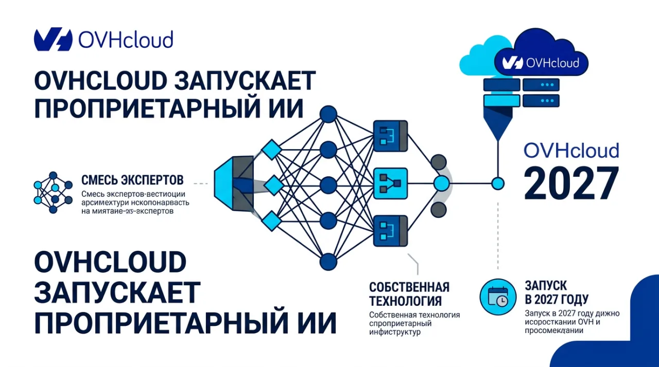 Векторная иллюстрация анонса собственной ИИ-модели европейского провайдера OVHcloud к началу 2027 года.