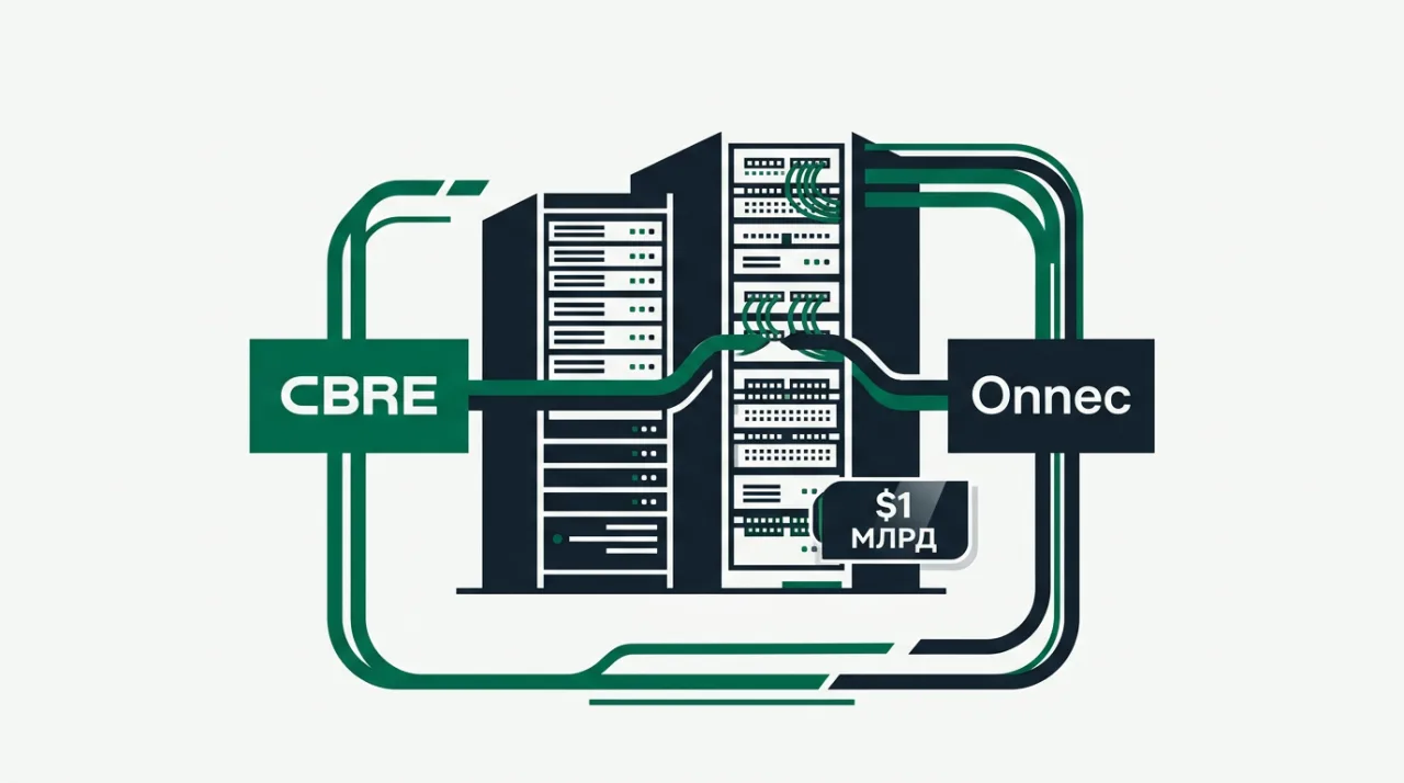 Векторная иллюстрация сделки CBRE и Onnec на $1 млрд в сфере инфраструктуры дата-центров