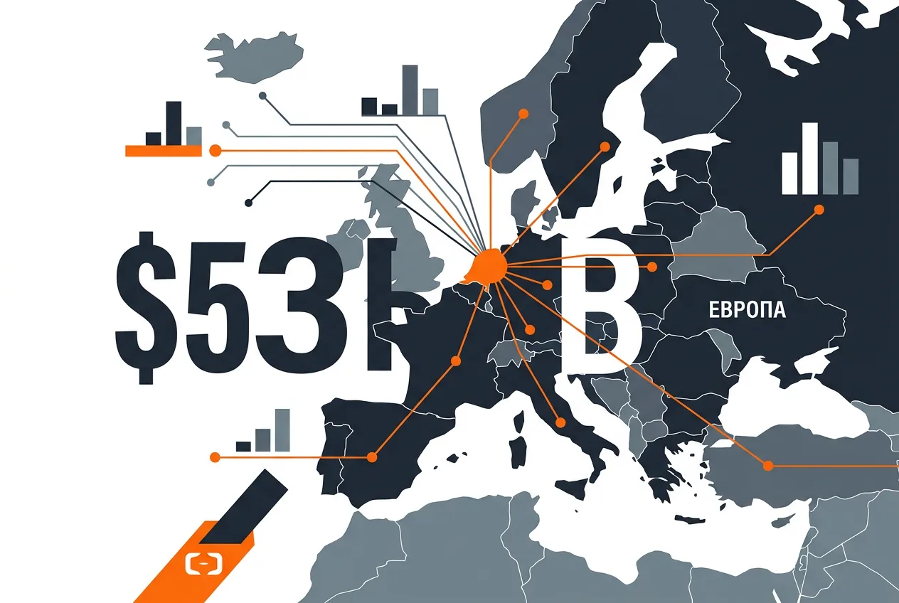 Инфографика инвестиций Alibaba Cloud в 53 миллиарда долларов в облачную инфраструктуру Европы.