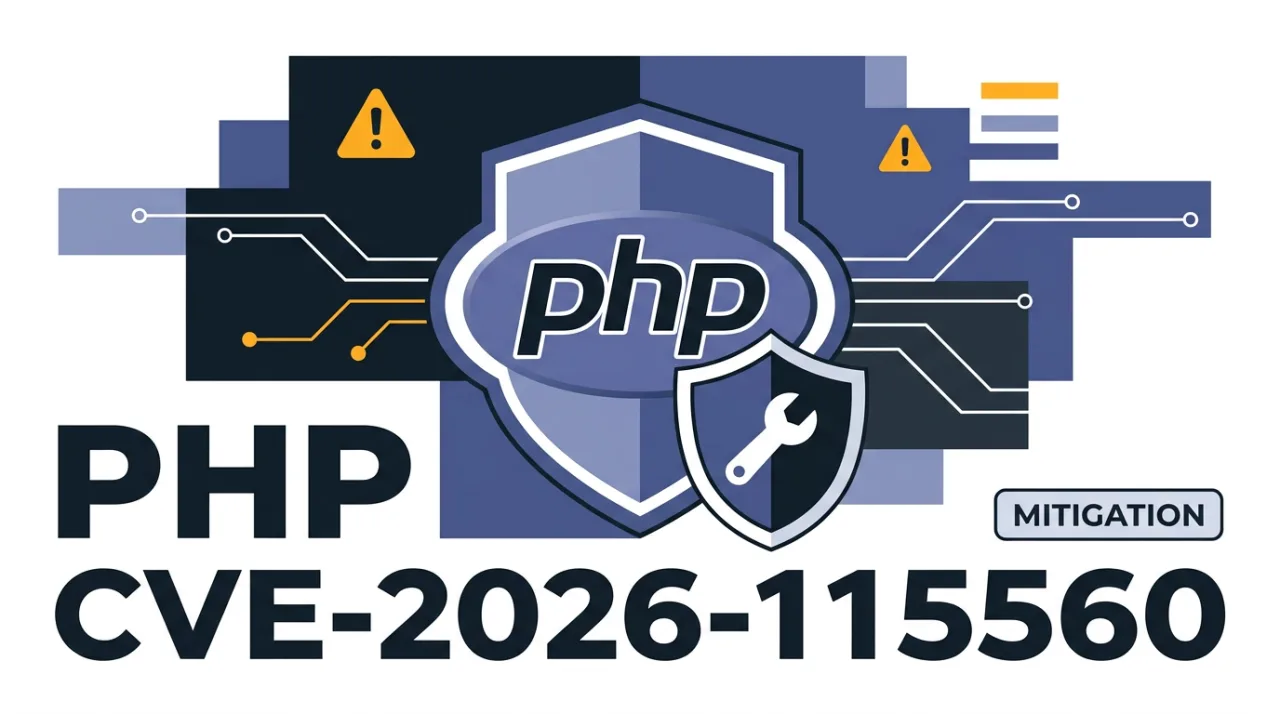 Векторная иллюстрация уязвимости CVE-2026-115560 в PHP с защитным щитом временного решения mitigation