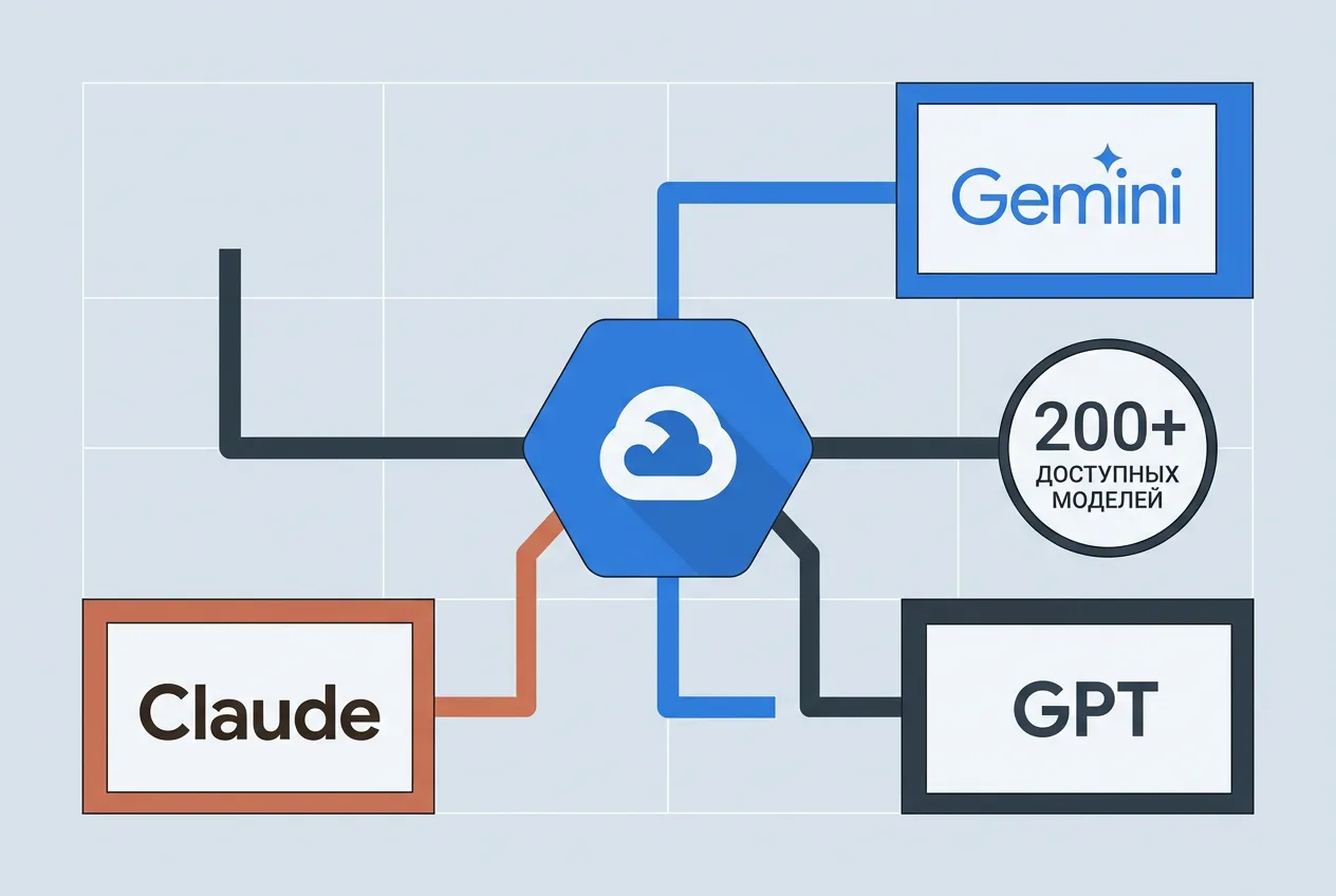 Инфографика доступности трех главных ИИ-моделей — Gemini, Claude и GPT — в экосистеме Google Cloud.
