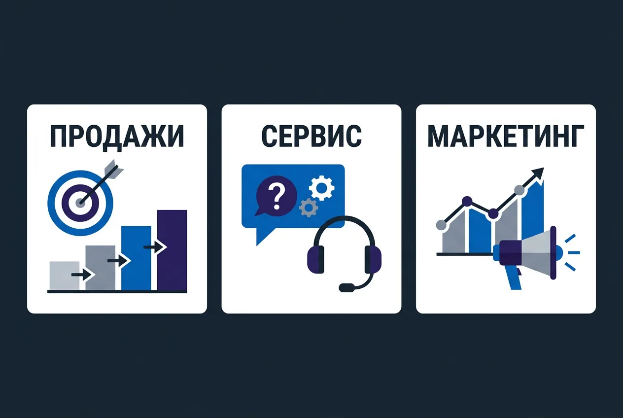 Инфографика навыков Copilot в Dynamics 365 по направлениям: продажи, сервис и маркетинг.
