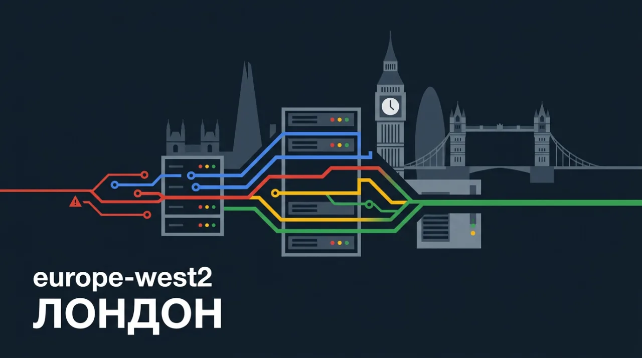 Иллюстрация восстановления работы серверов Google Cloud в регионе Лондон europe-west2.