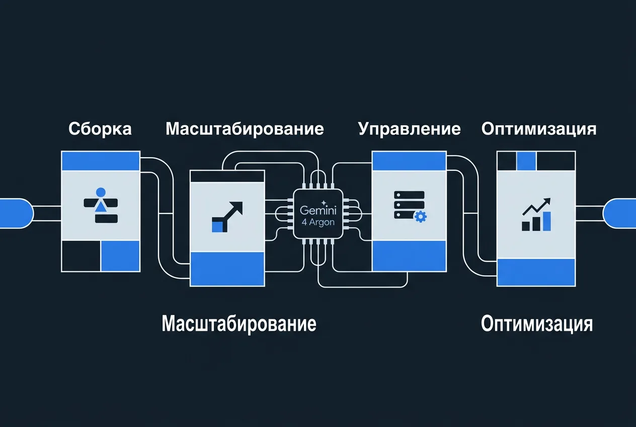 Инфографика жизненного цикла агентов Gemini Enterprise: этапы Build, Scale, Govern и Optimize.