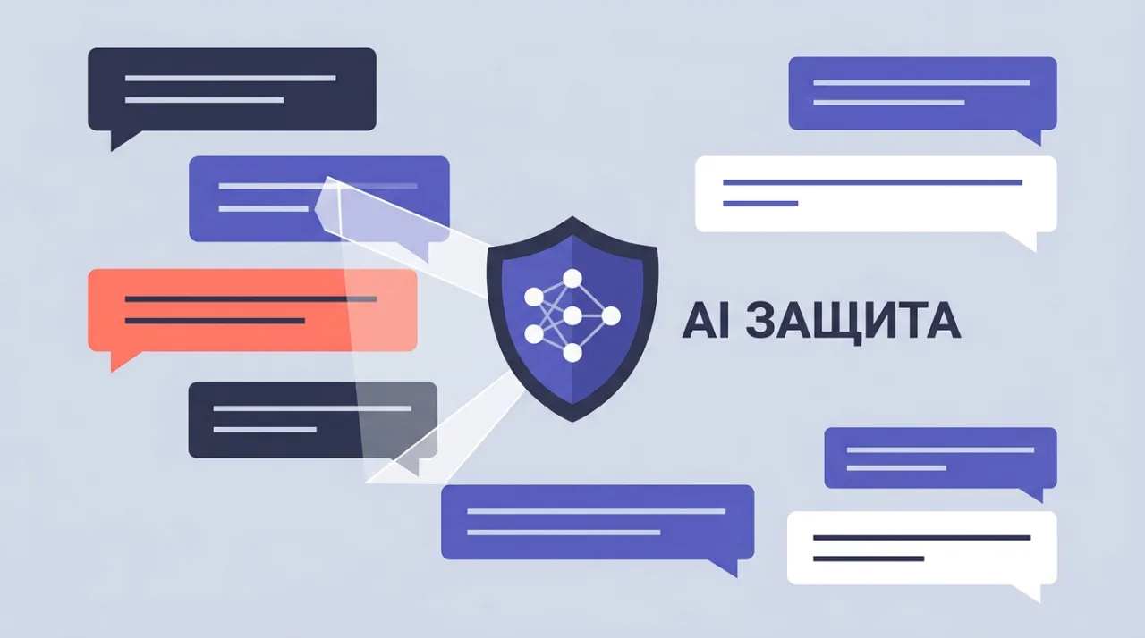 Векторная иллюстрация AI-детекции фишинга и защиты корпоративных чатов Microsoft Teams.
