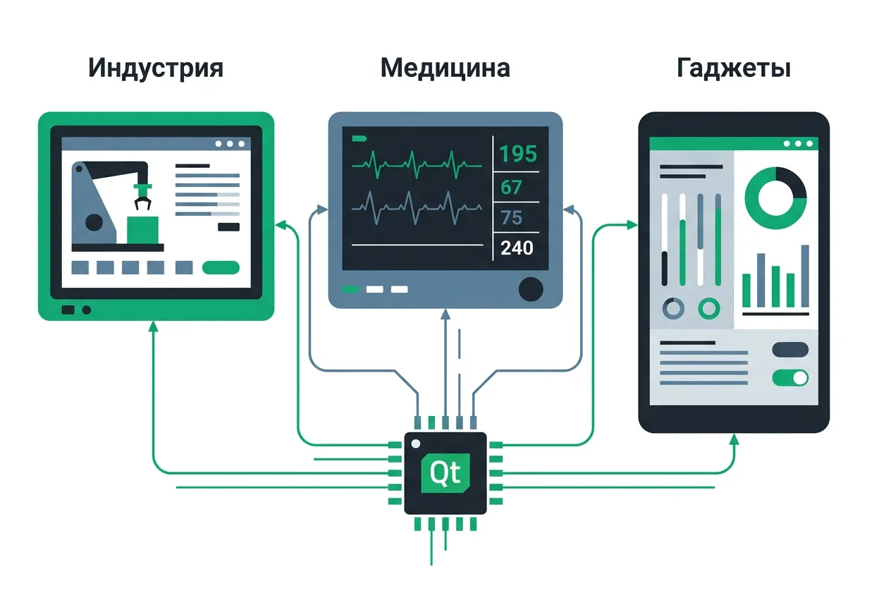 Инфографика сфер применения Clate: промышленность, медицина и потребительская электроника