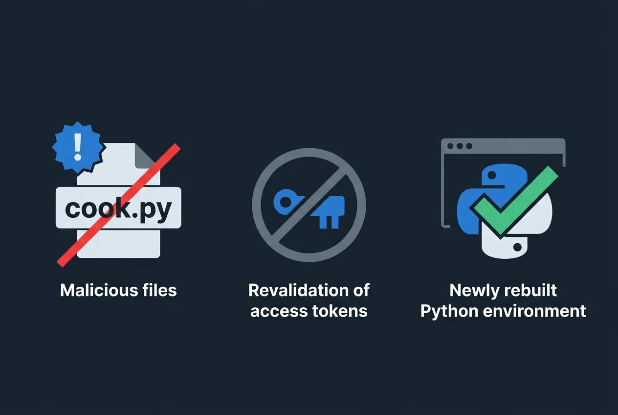 Инфографика шагов очистки окружения Python и отзыва токенов после атаки на LiteLLM