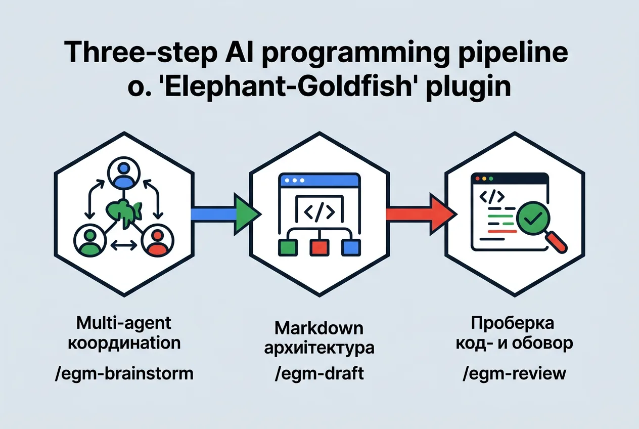 Инфографика трех этапов работы плагина Google Elephant-Goldfish для генерации кода