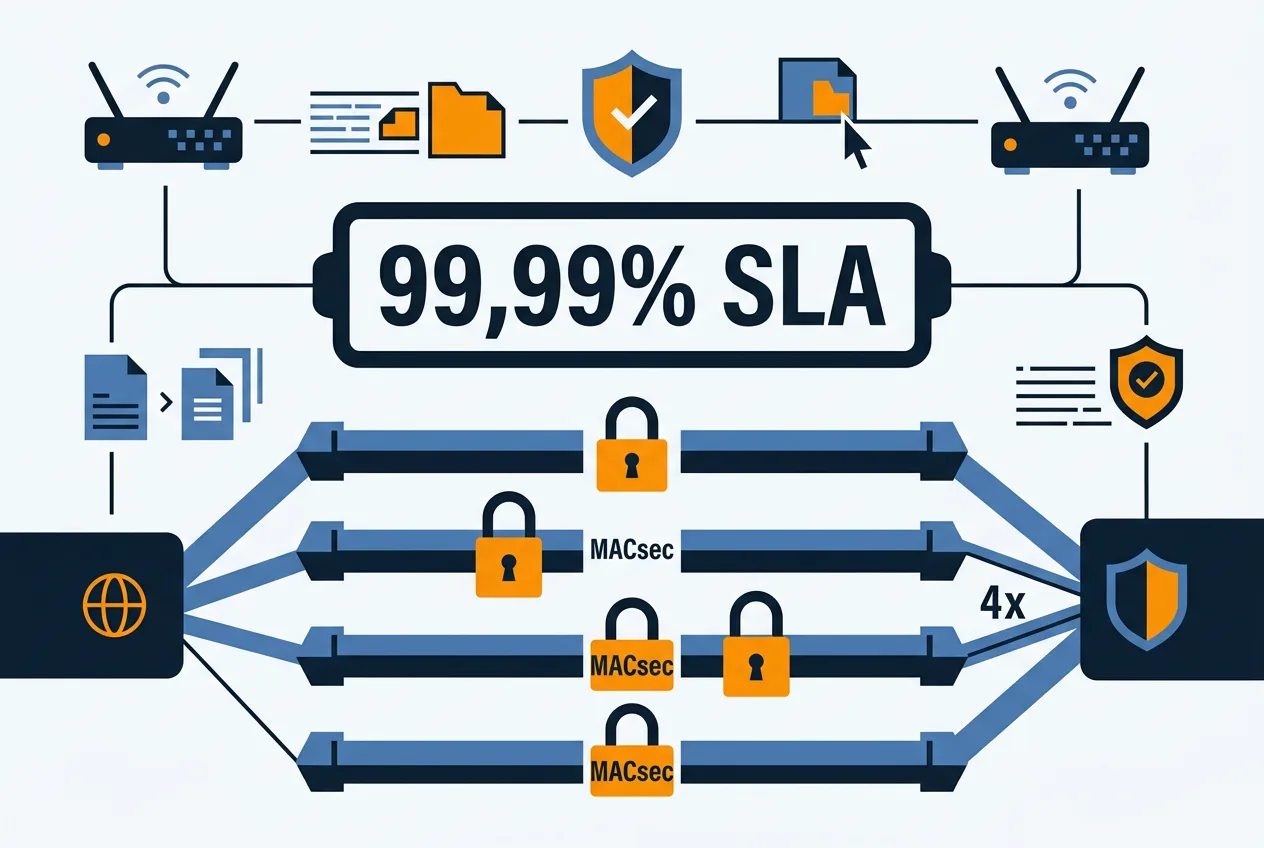Инфографика надежности Cross-Cloud Interconnect: шифрование MACsec и целевой SLA 99,99%.