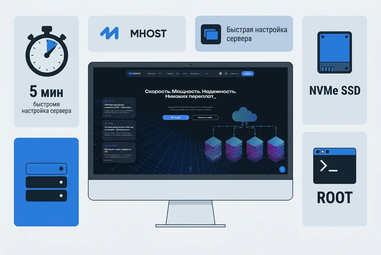 Инфографика технических характеристик и быстрой активации VPS на хостинге mhost.ee