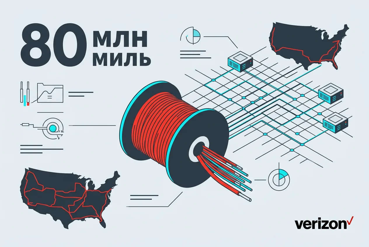 Инфографика масштабного расширения оптоволоконной сети Verizon на 80 миллионов миль