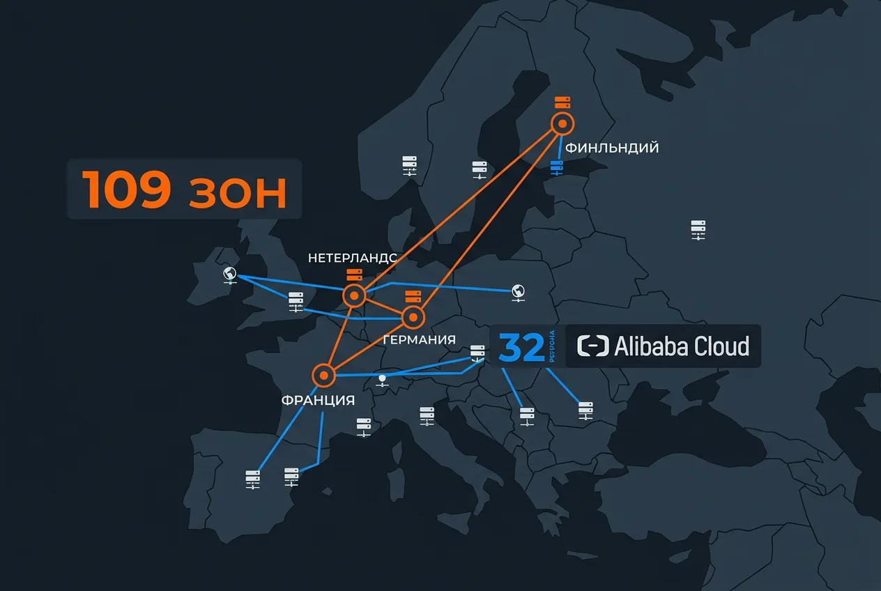 Инфографика расширения инфраструктуры Alibaba Cloud в Европе: 109 зон и 32 региона.