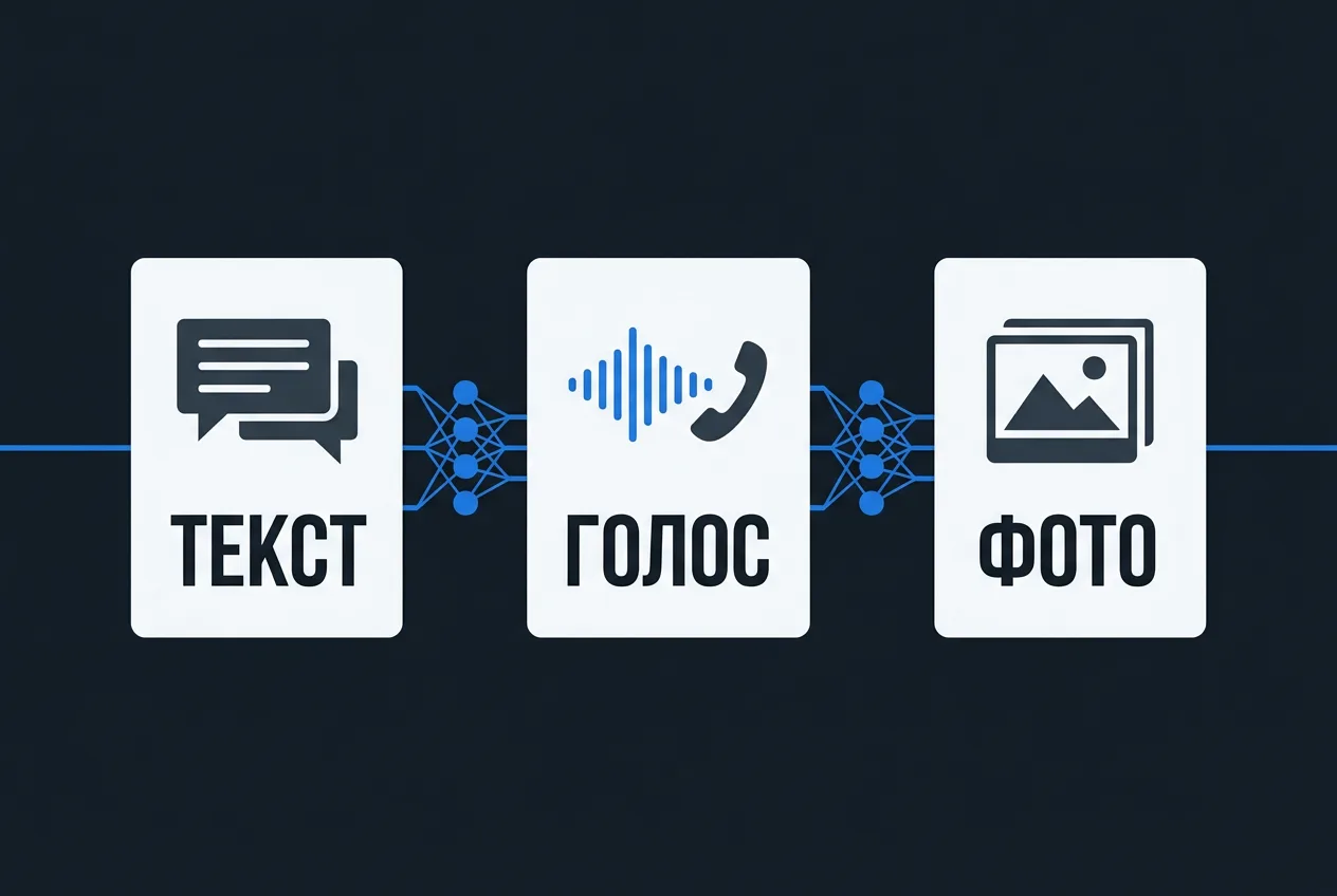 Инфографика основных функций ИИ-собеседниц: текстовый чат, голосовые вызовы и генерация фото