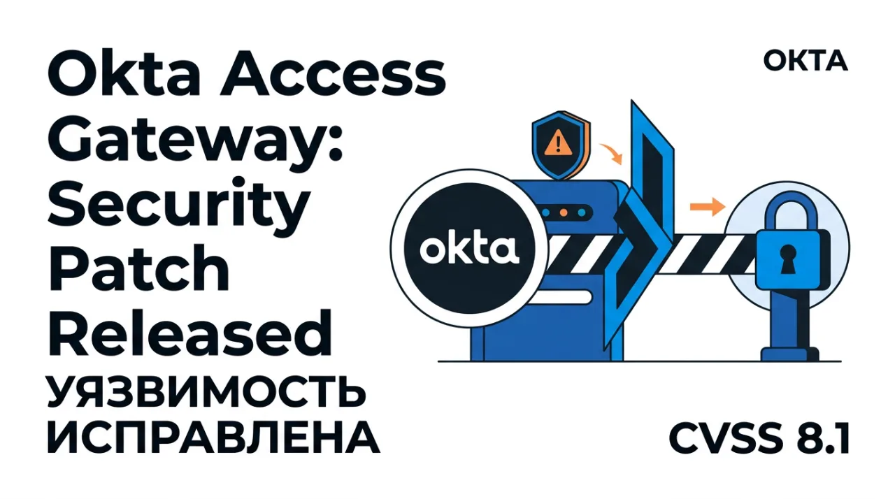 Векторная иллюстрация уязвимости Okta Access Gateway с рейтингом CVSS 8.1 и выпуском защитных патчей