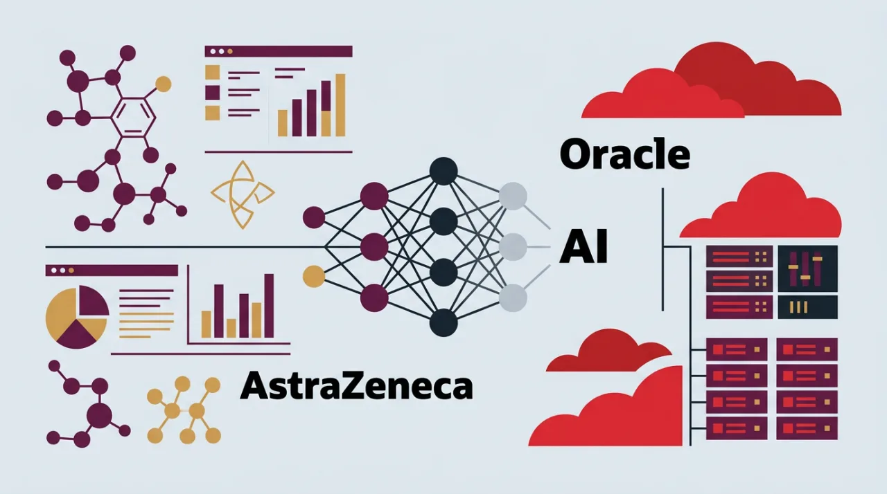 Векторная иллюстрация партнерства AstraZeneca и Oracle для внедрения ИИ в клинические исследования.