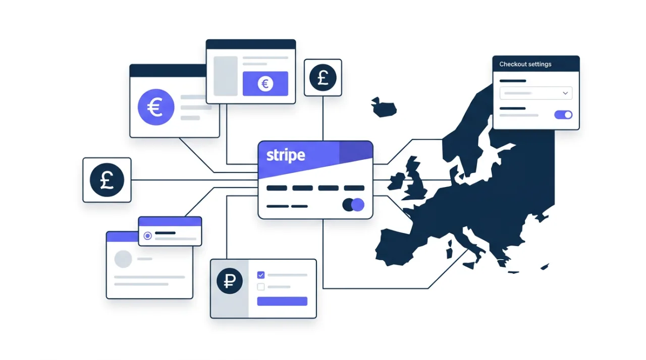 Векторная иллюстрация обновления Stripe API Payments 2026 с европейскими платежными методами