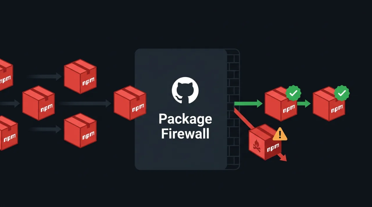 Векторная иллюстрация GitHub Package Firewall, защищающего систему от небезопасных пакетов npm.