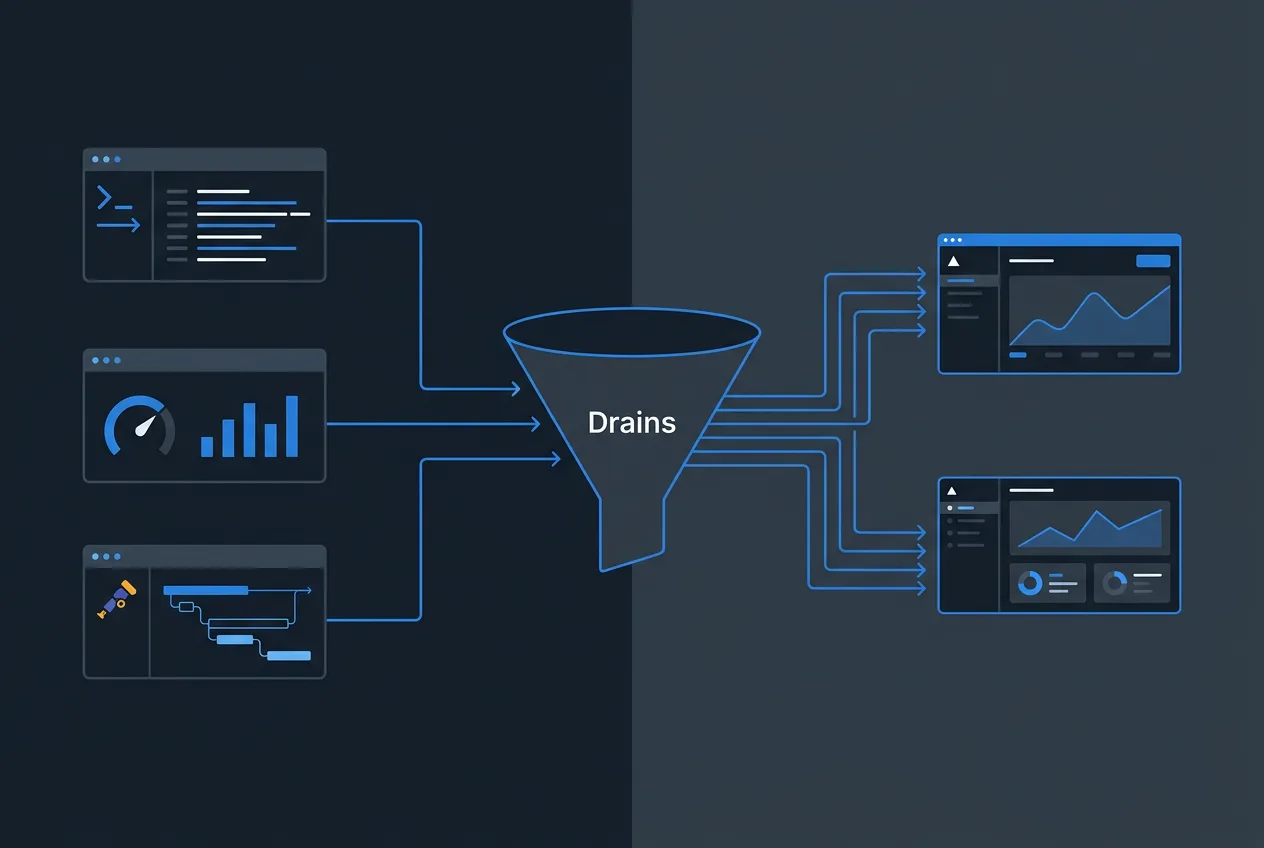 Инфографика работы Vercel Drains: экспорт логов, метрик и данных OpenTelemetry во внешние сервисы.