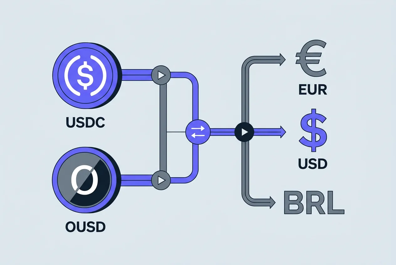 Схема мгновенной конвертации криптовалют USDC и OUSD в фиатные валюты через карты Stripe