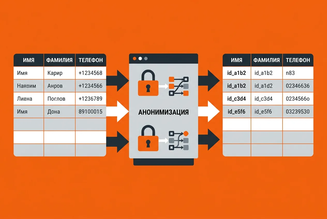 Схема работы Teradata Poly-Anonymization: замена данных с сохранением связей таблиц.