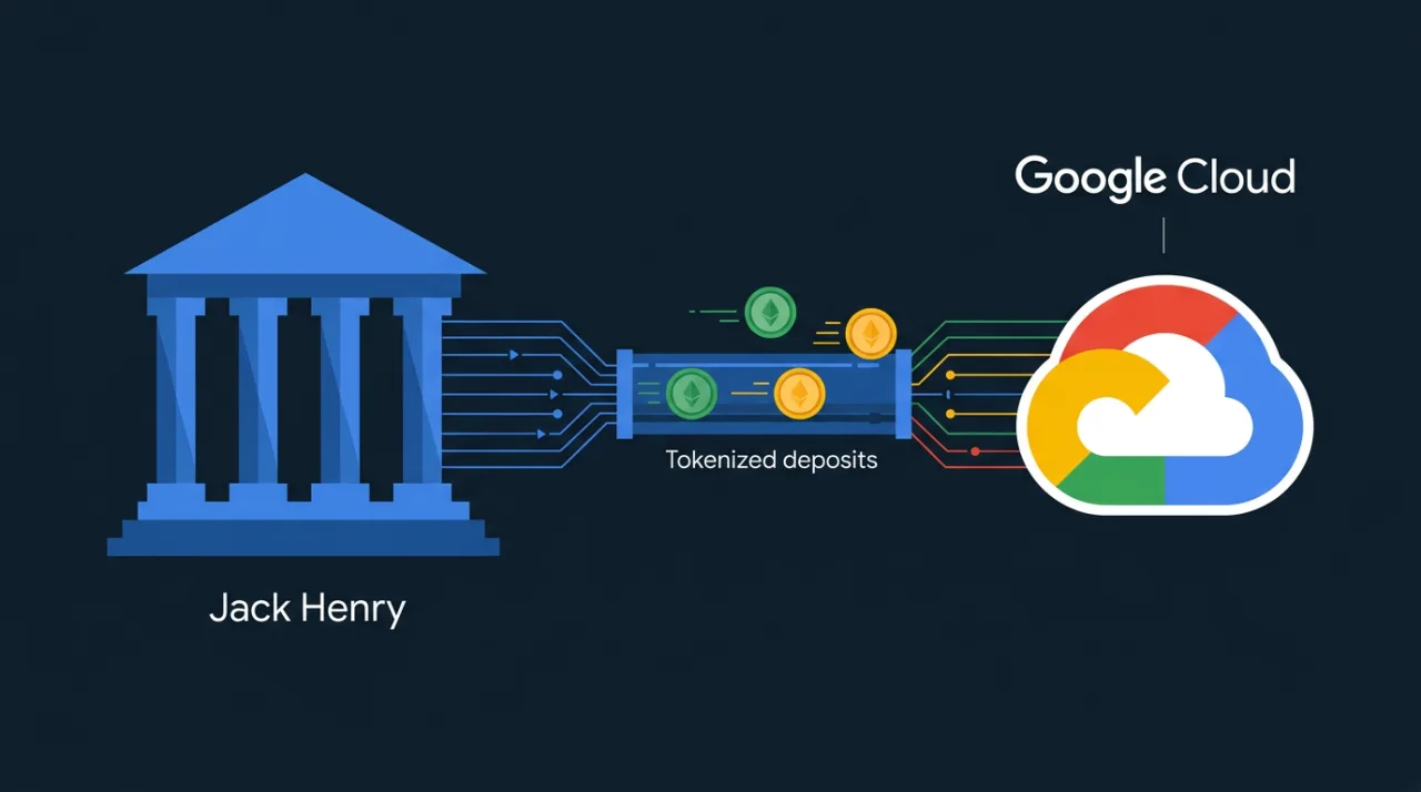 Векторная иллюстрация партнерства Jack Henry и Google Cloud для запуска токенизированных депозитов.