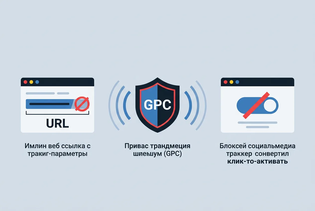 Инфографика функций Privacy Badger: сигнал GPC, очистка URL-ссылок и замена трекинг-виджетов