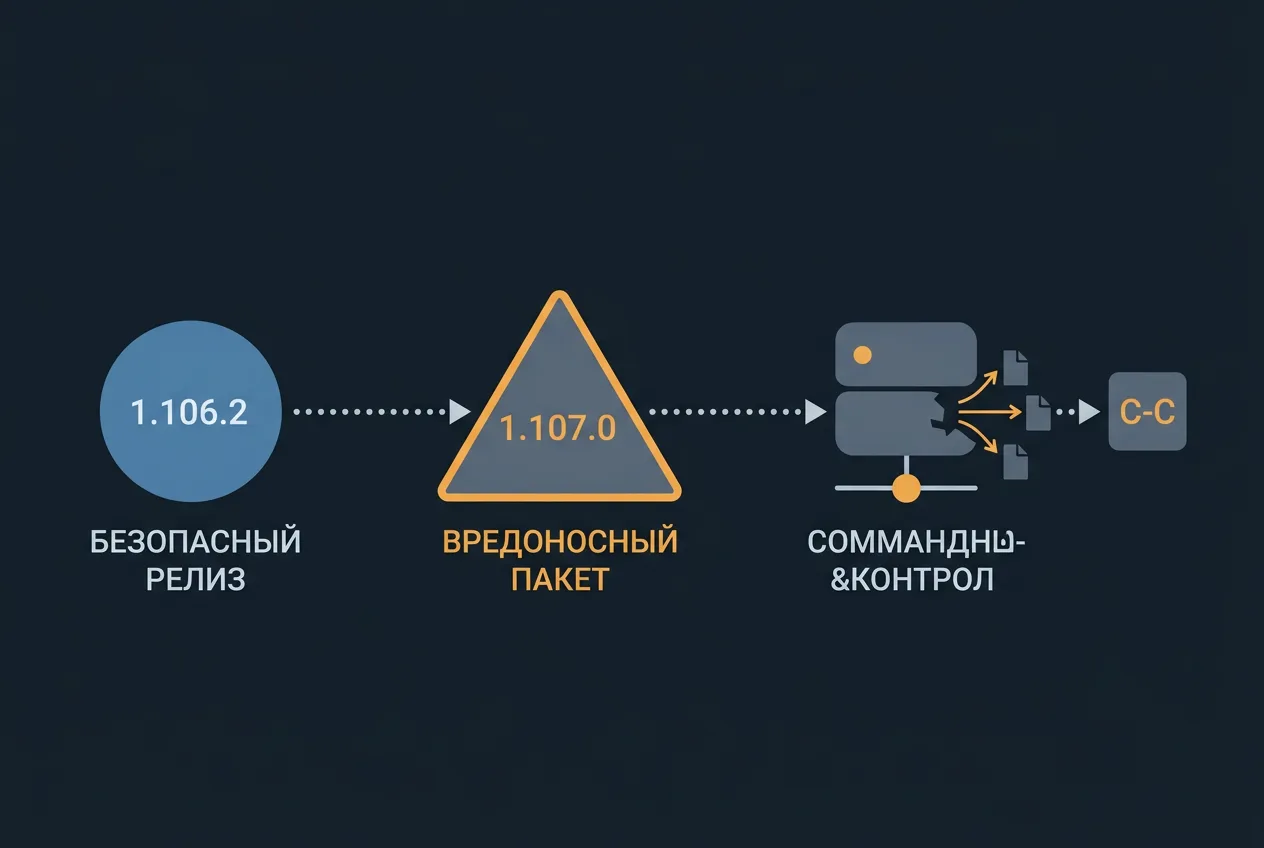Инфографика таймлайна компрометации версий LiteLLM от легитимной 1.106.2 до версии 1.107.0.