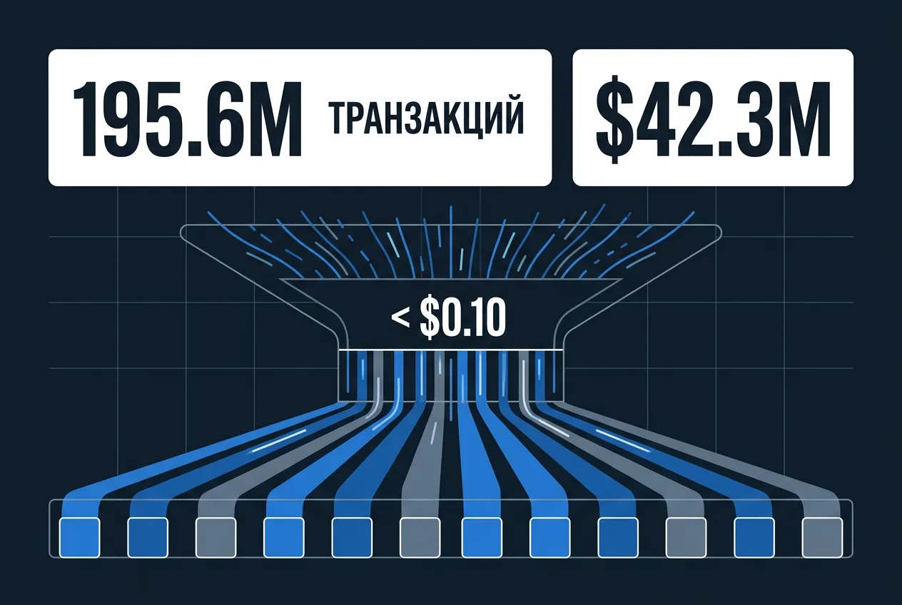 Инфографика показателей x402: 195,6 млн микротранзакций и объем в 42,3 млн долларов.