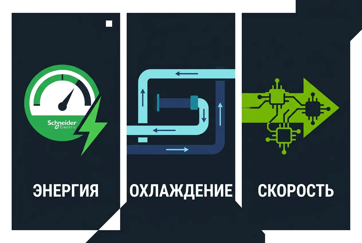 Инфографика преимуществ цифрового двойника дата-центра: энергия, охлаждение и скорость запуска.
