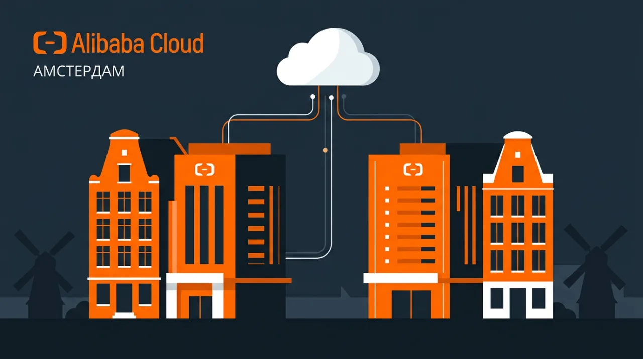 Векторная иллюстрация запуска двух дата-центров Alibaba Cloud в Амстердаме.