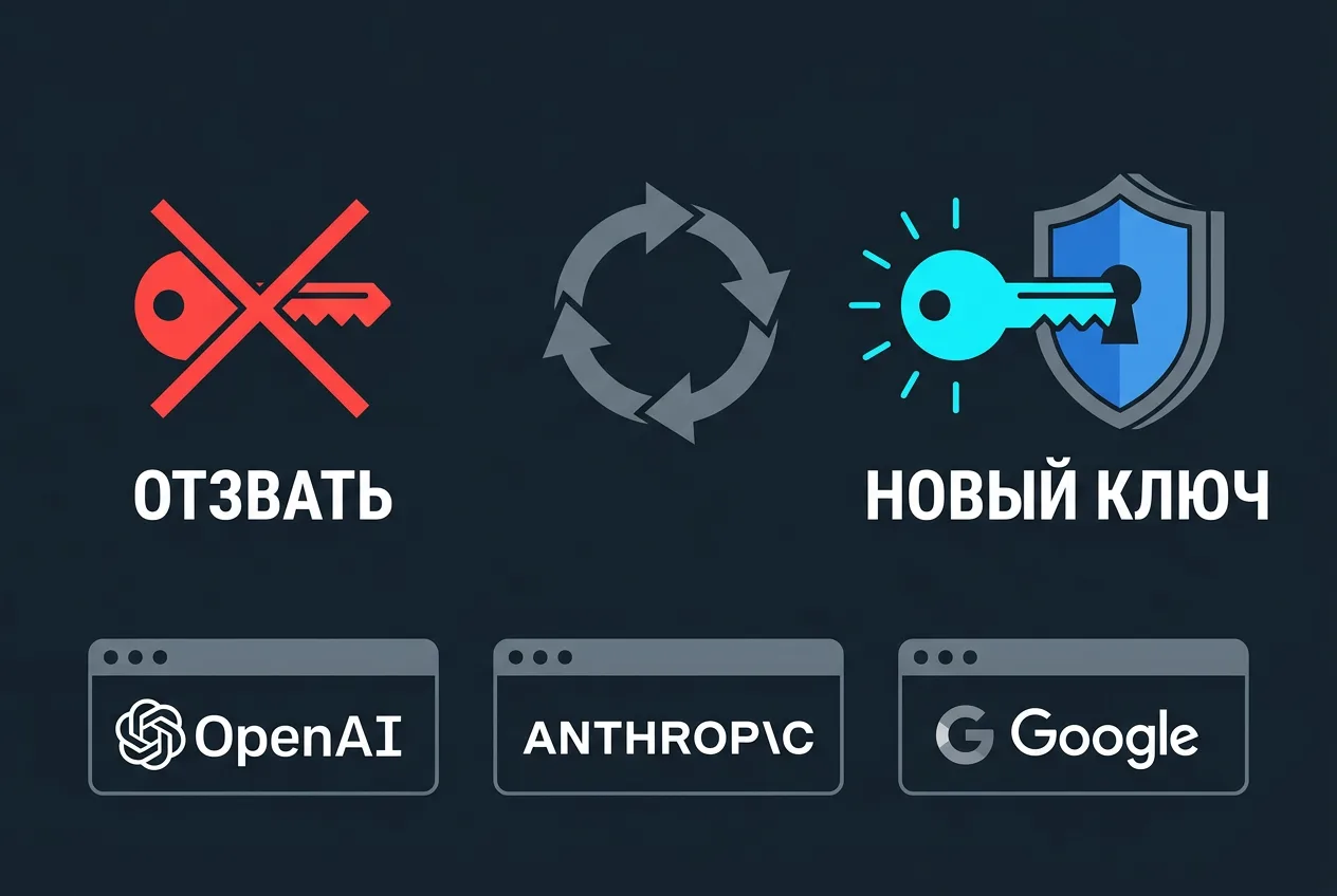 Инфографика процесса отзыва и замены скомпрометированных API-ключей в личных кабинетах.