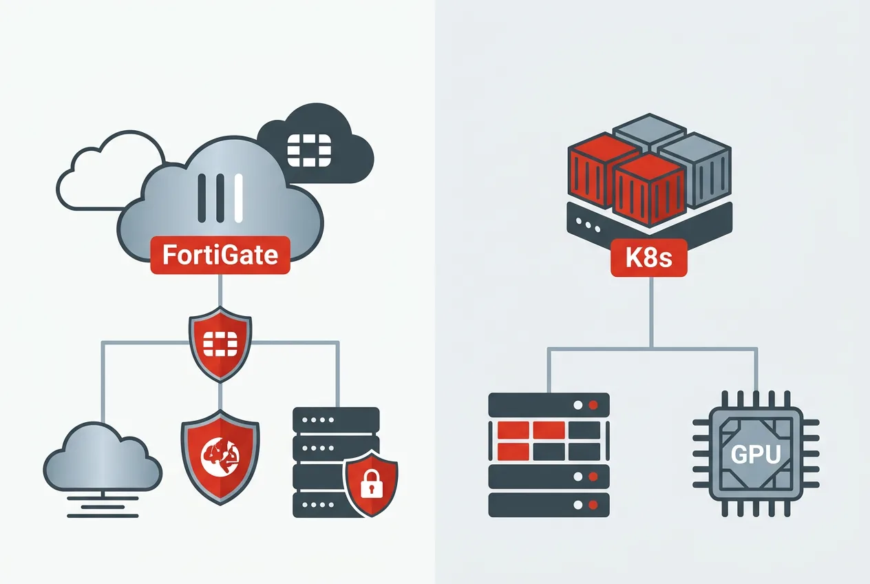 Инфографика сценариев развертывания сервиса Fortinet: облачный шлюз FortiGate и локальный кластер Kubernetes.