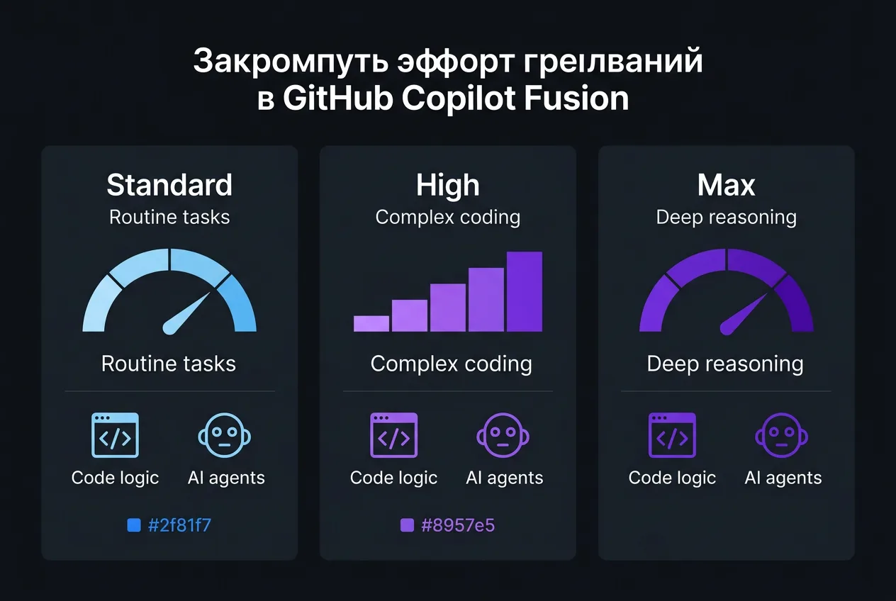 Инфографика уровней вычислений GitHub Copilot Fusion: Standard, High и Max.