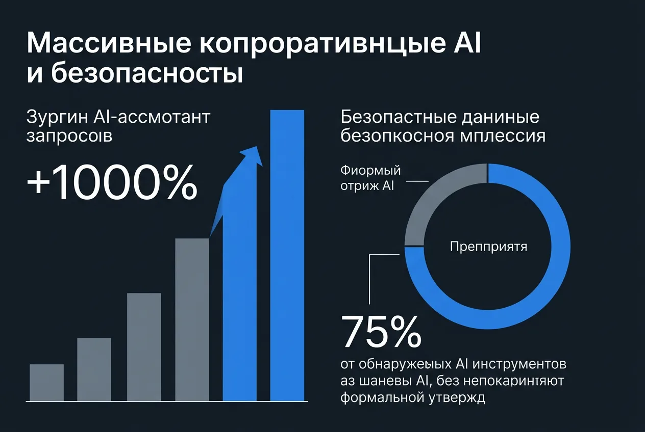 Инфографика роста запросов к AI на 1000% и доли теневых AI-сервисов в 75%