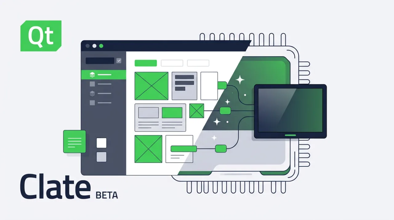 Векторная иллюстрация запуска бета-версии no-code инструмента Clate от Qt Group для embedded UX