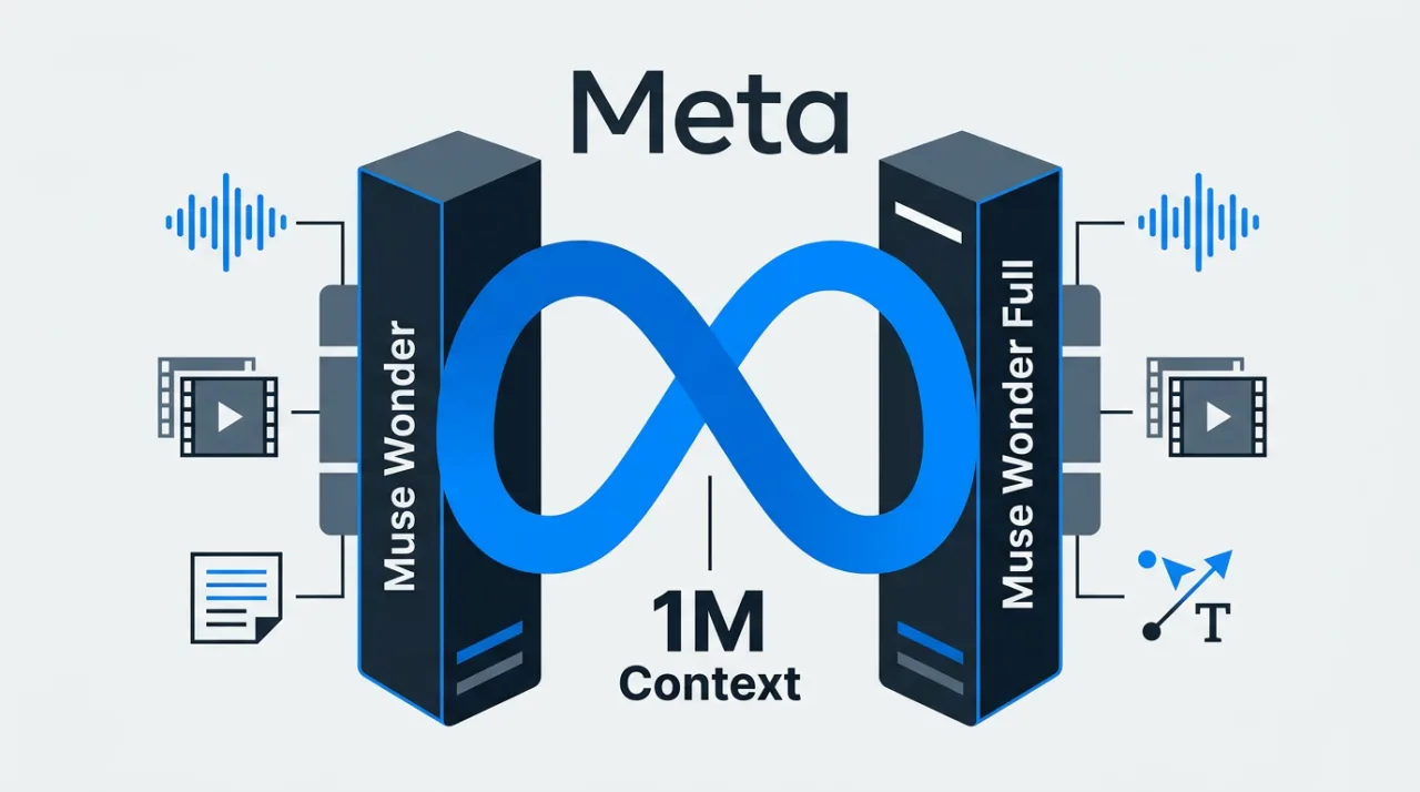 Векторная иллюстрация анонса новых ИИ-моделей Meta Muse Wonder и Muse Wonder Full с контекстным окном 1M токенов