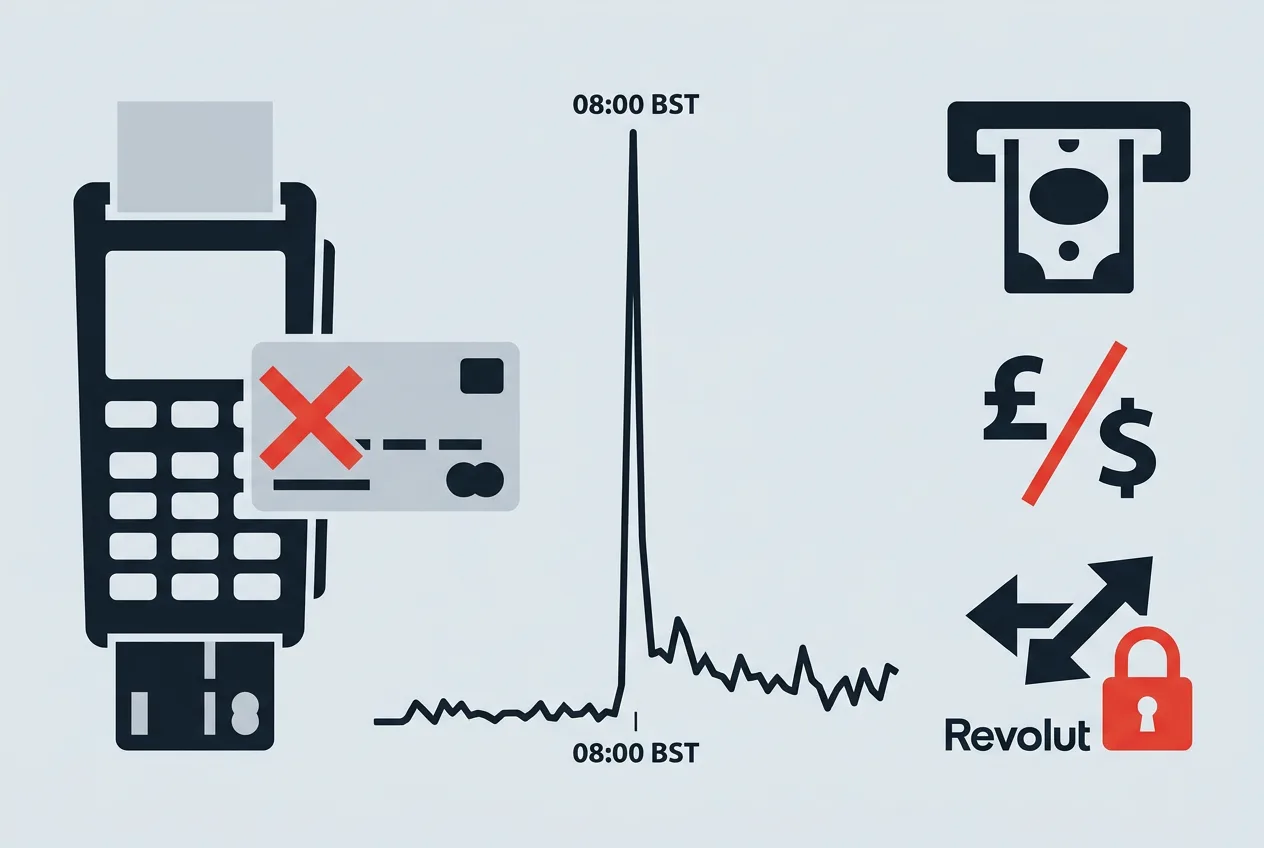 Инфографика сбоя транзакций Revolut и всплеска жалоб пользователей на Downdetector.
