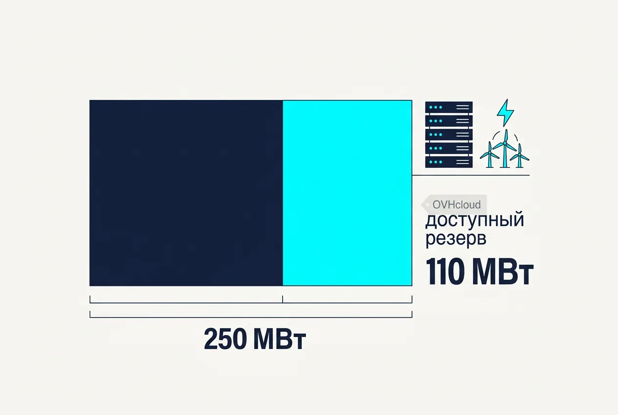Инфографика энергоемкости дата-центров OVHcloud: 110 МВт свободной мощности из 250 МВт.