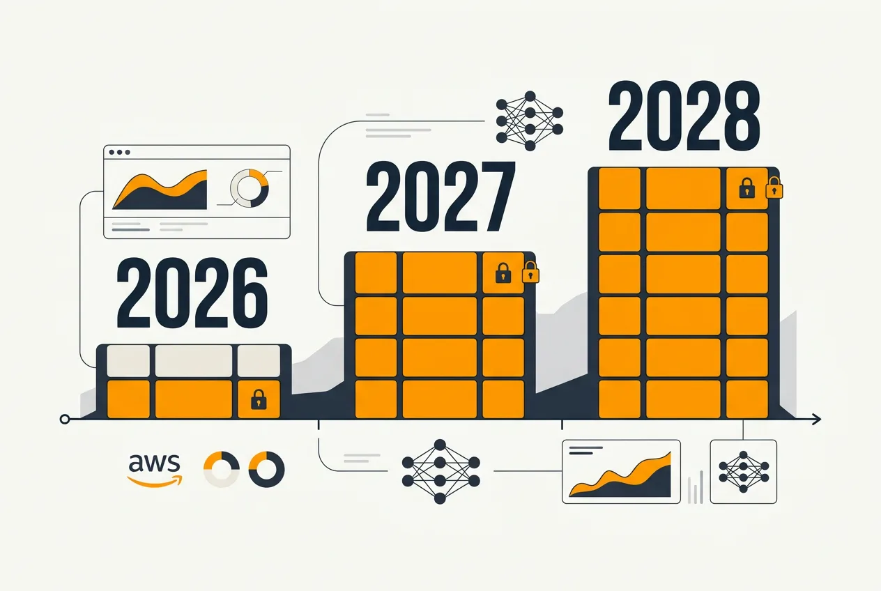 Инфографика распределения мощностей облачной инфраструктуры AWS на 2026-2028 годы под ИИ.