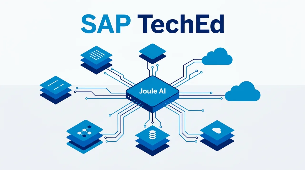 Векторная иллюстрация SAP Business AI Platform и ИИ-ассистента Joule на конференции TechEd